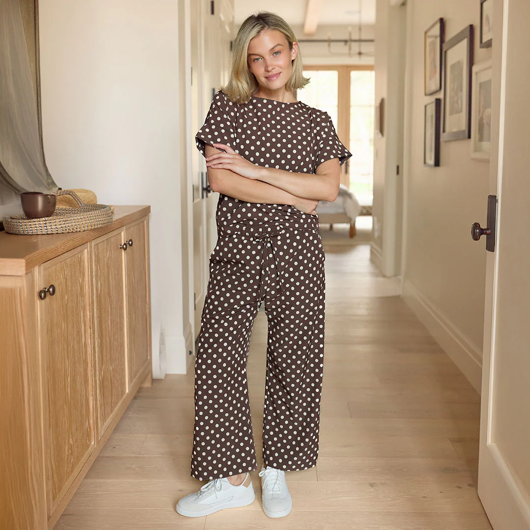 Audrey Mid Rise Wide Leg Pants, Cream Cocoa Dot - Image 9