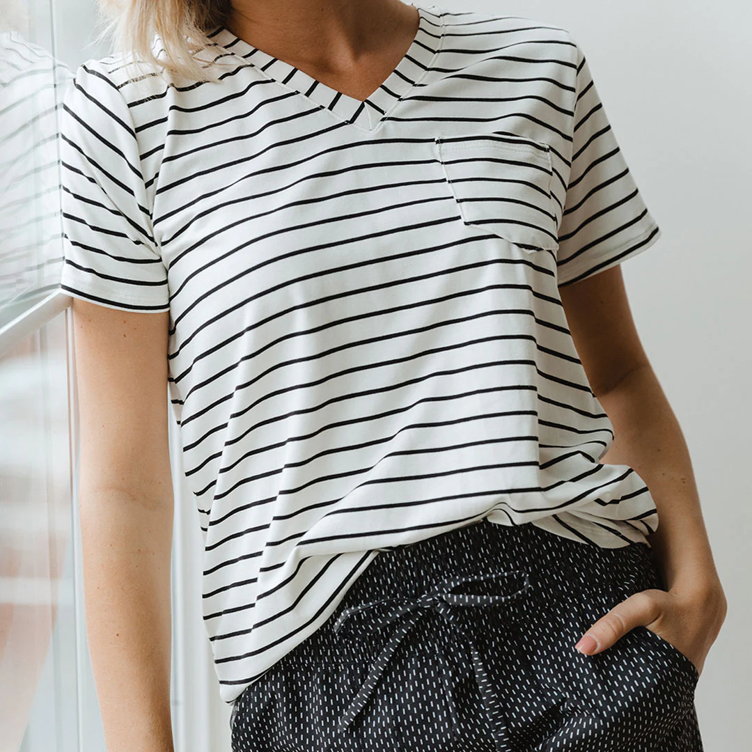Basic V Neck Tee, Black Venice Stripe