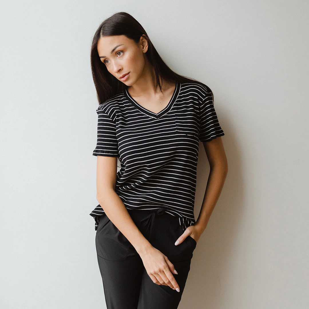 Basic V Neck Tee, Chunky Black and White Stripe - Image 2
