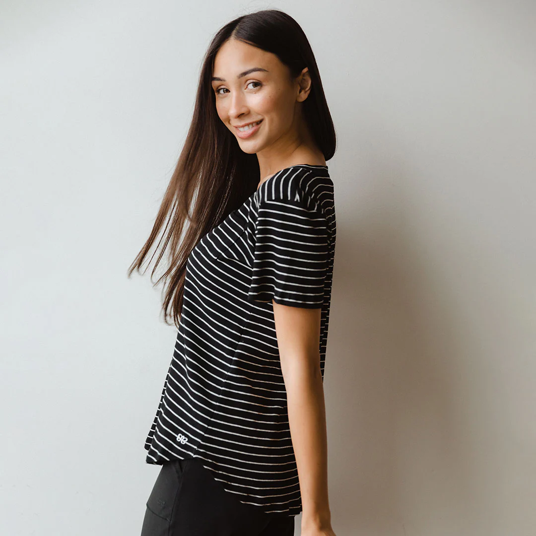 Basic V Neck Tee, Chunky Black and White Stripe - Image 3