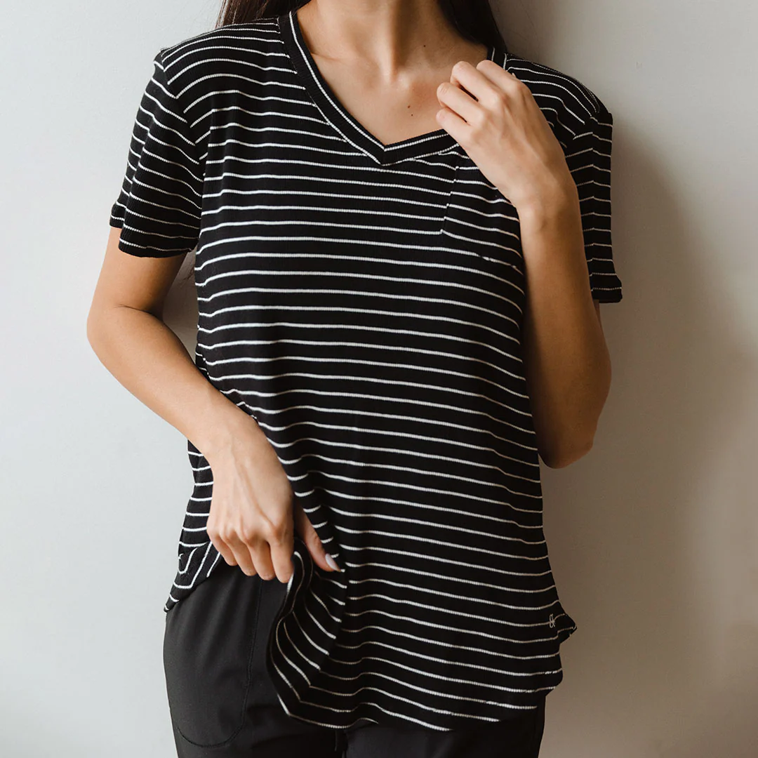 Basic V Neck Tee, Chunky Black and White Stripe - Image 4