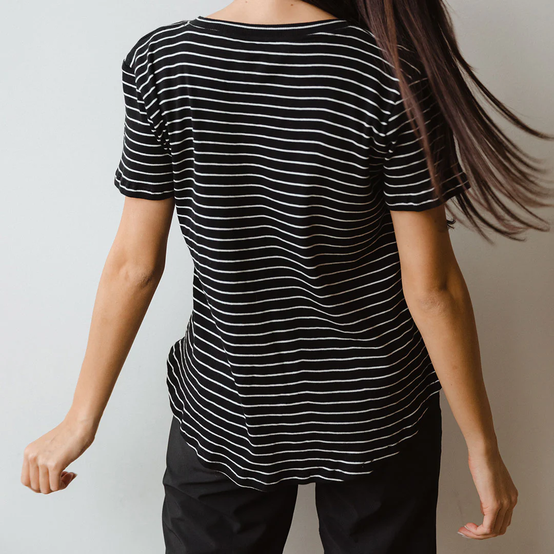 Basic V Neck Tee, Chunky Black and White Stripe - Image 5