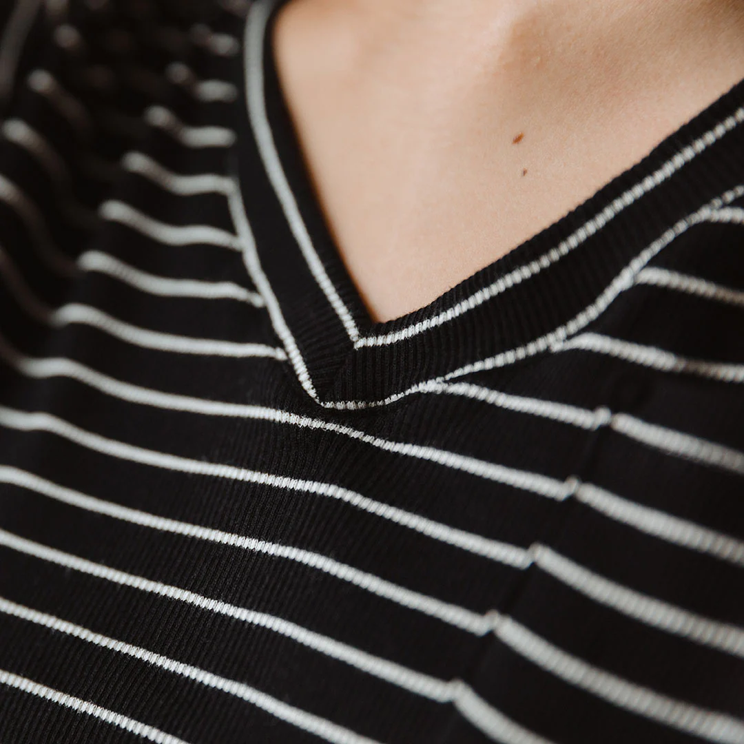 Basic V Neck Tee, Chunky Black and White Stripe - Image 6