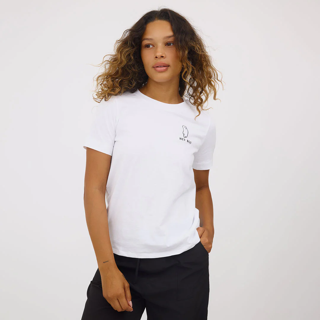 Boyfriend Tee, White Embroidered Hey Boo - Image 2