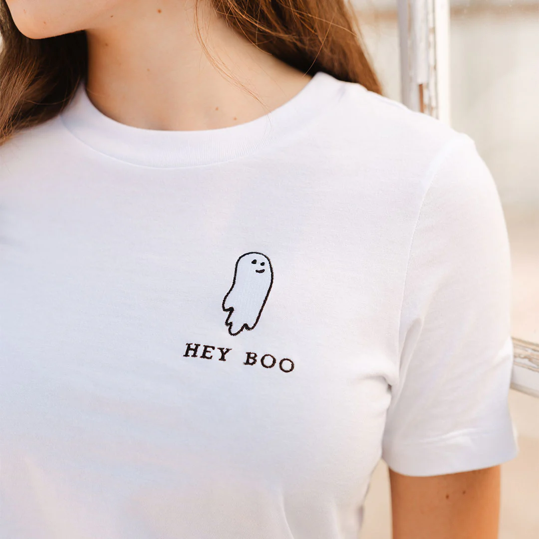 Boyfriend Tee, White Embroidered Hey Boo - Image 5
