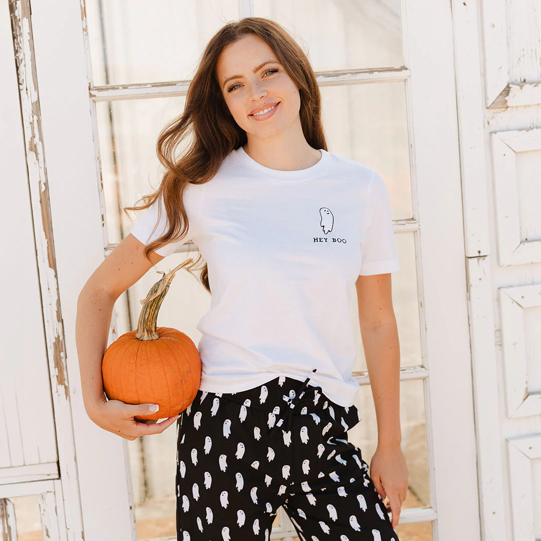 Boyfriend Tee, White Embroidered Hey Boo - Image 6
