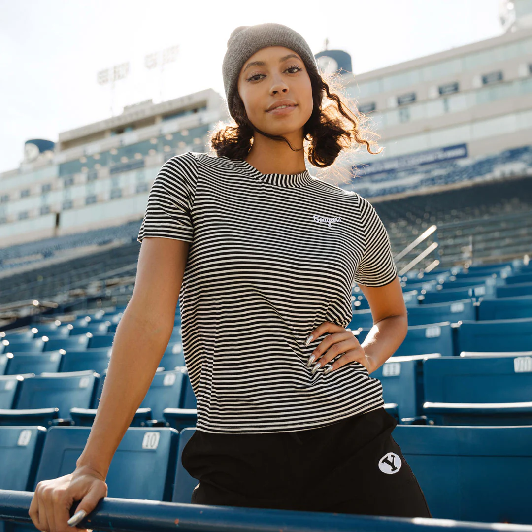 BYU Boyfriend Tee, Black and Ivory Stripe - Image 7