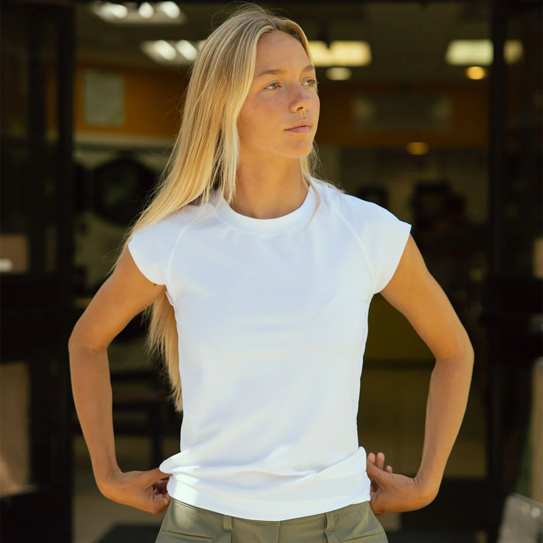 Cap Sleeve Ribbed Tee, White - Image 3