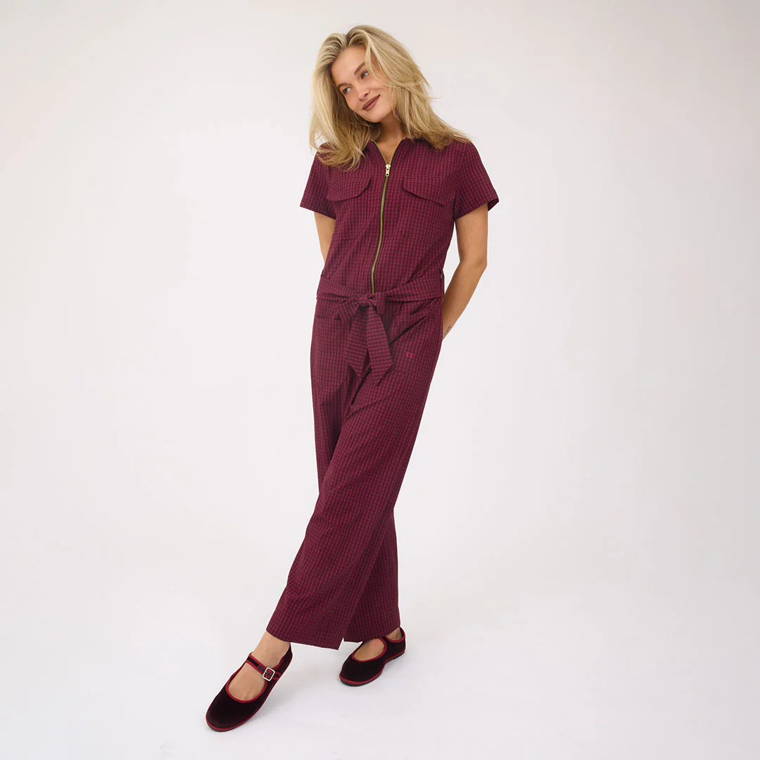 City Jumpsuit, Burgundy Gingham - Image 2