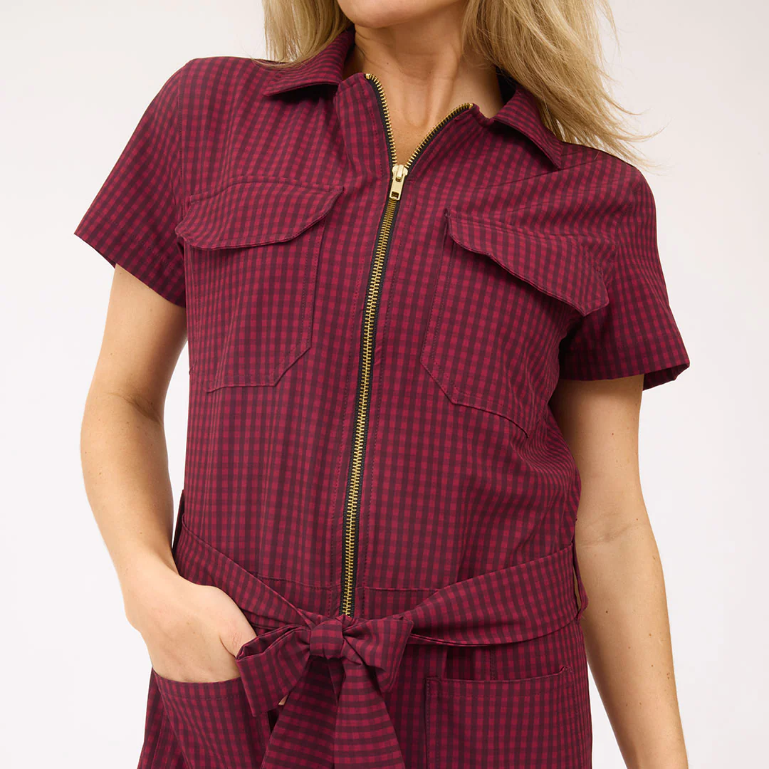 City Jumpsuit, Burgundy Gingham - Image 6