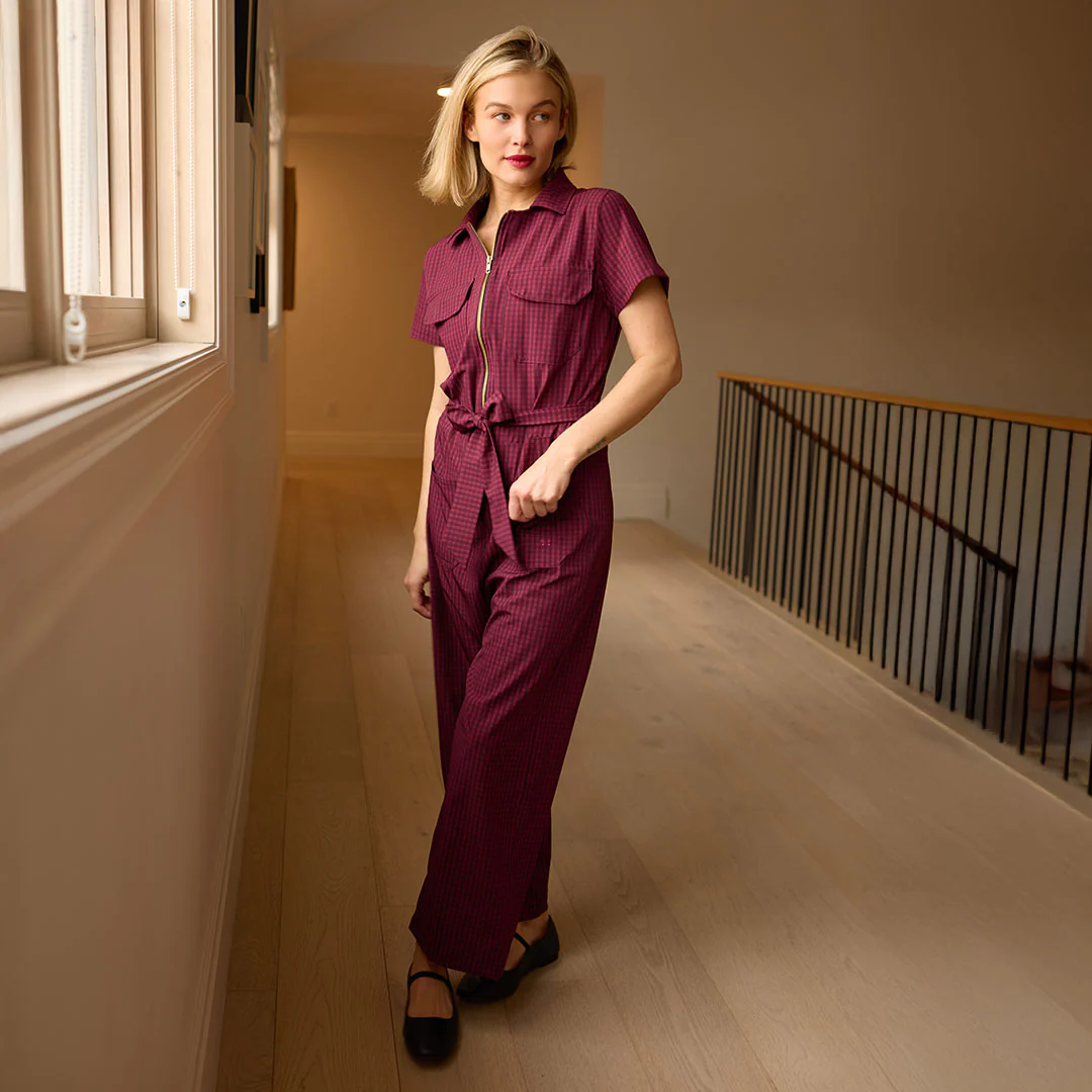 City Jumpsuit, Burgundy Gingham - Image 7