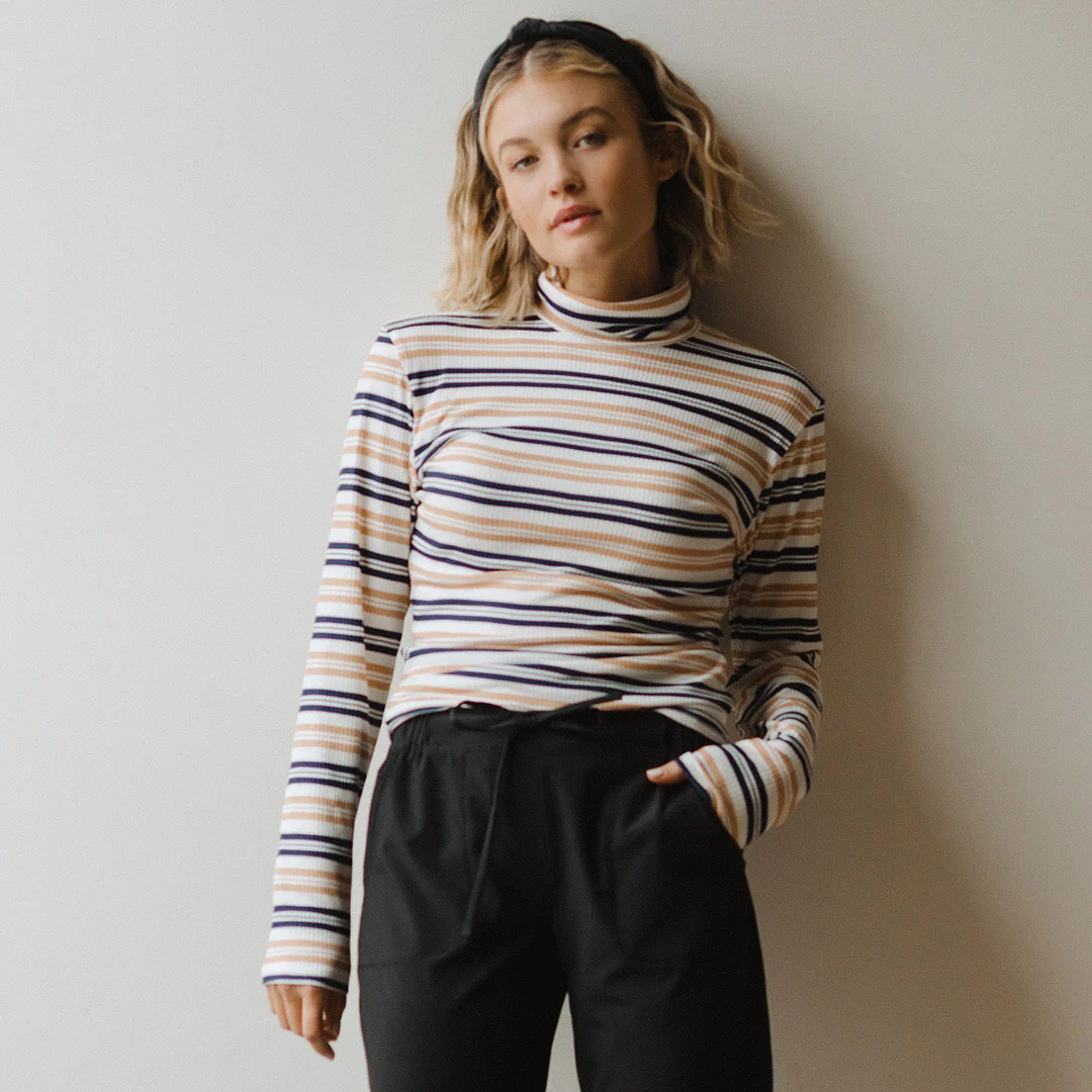 Long Sleeve Turtleneck, Navy and Tan Stripe - Image 3