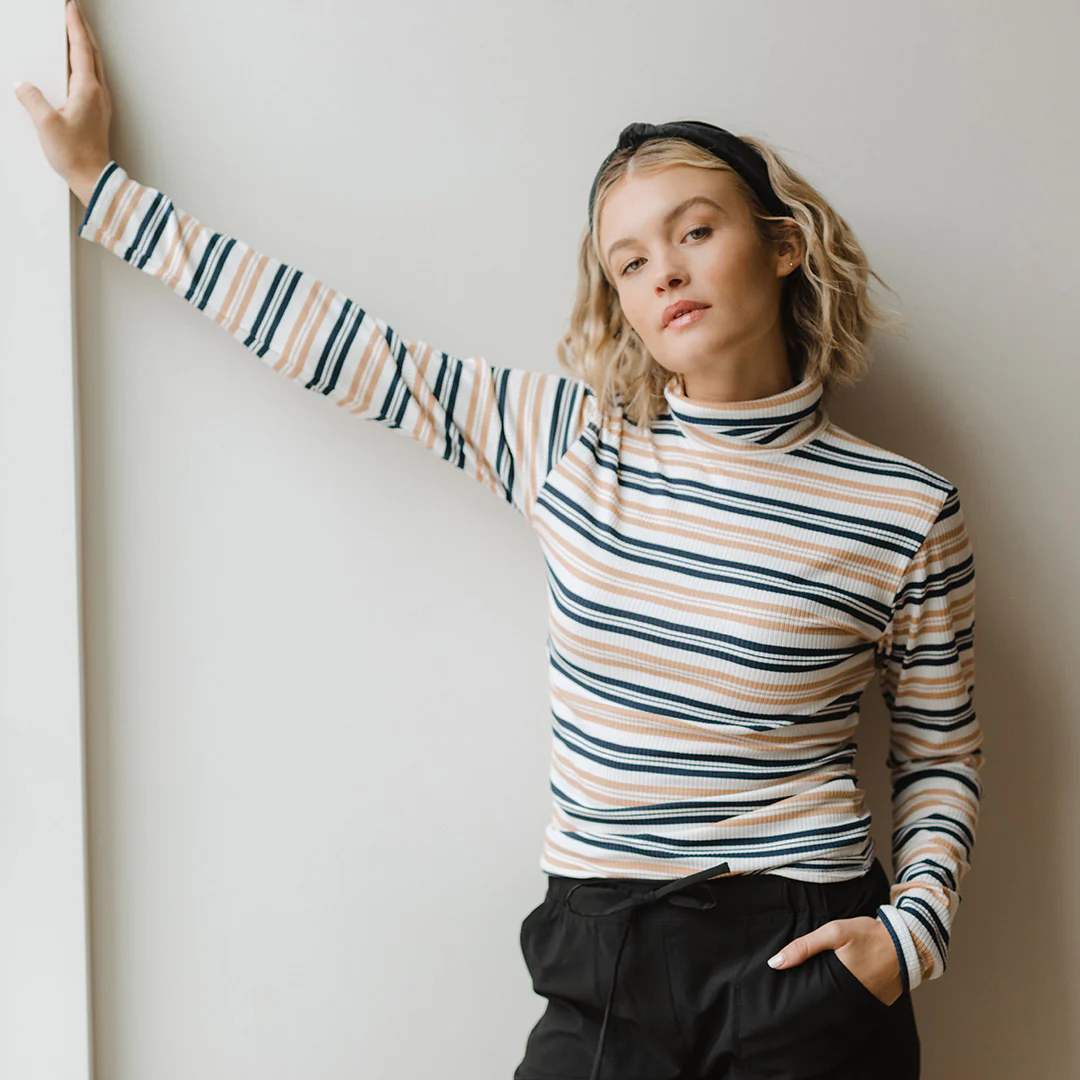 Long Sleeve Turtleneck, Navy and Tan Stripe - Image 5