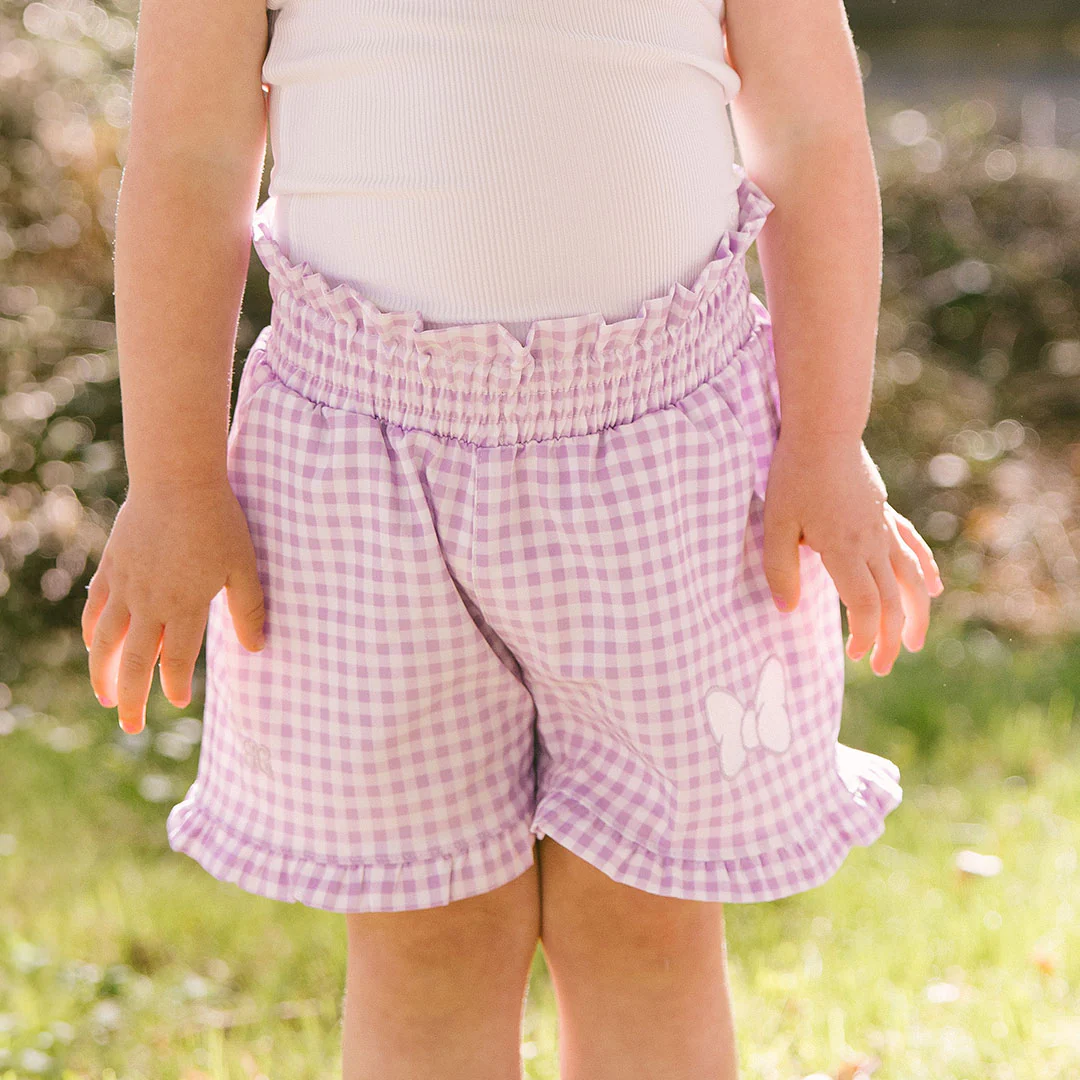 Mini Disney Bow Lake Shorts, Purple Gingham