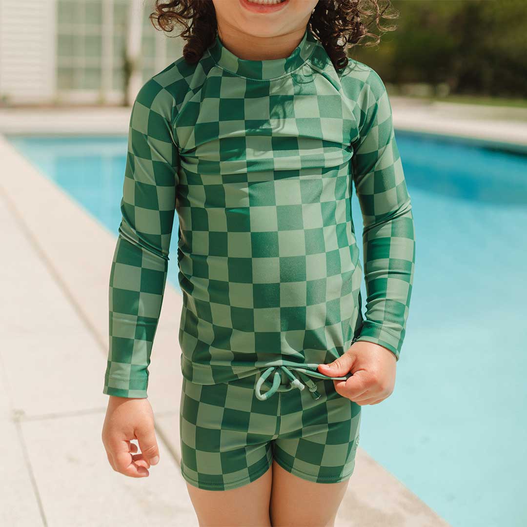 Mini Rash Guard and Shorts Set, Green Check - Image 2