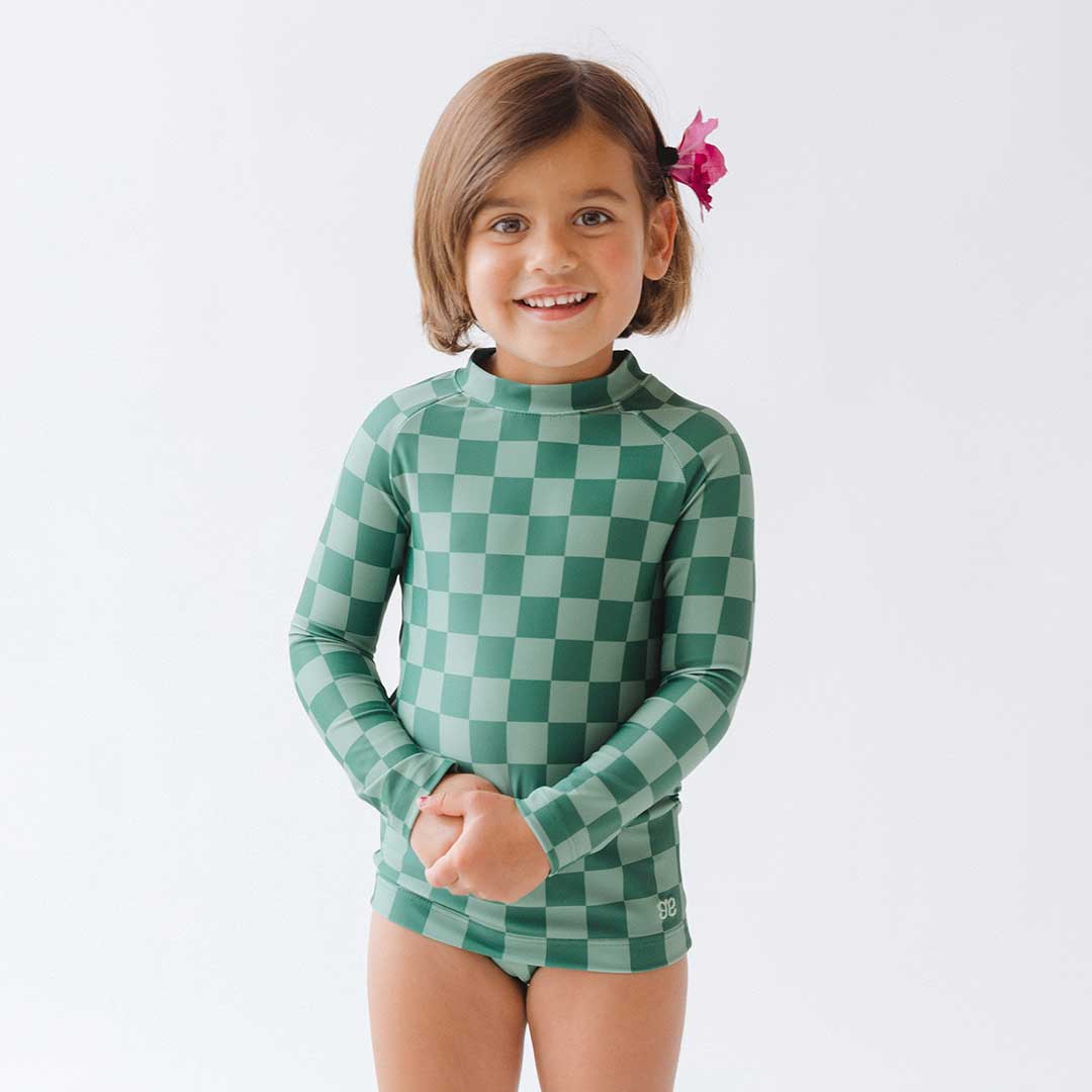 Mini Rash Guard and Shorts Set, Green Check - Image 6