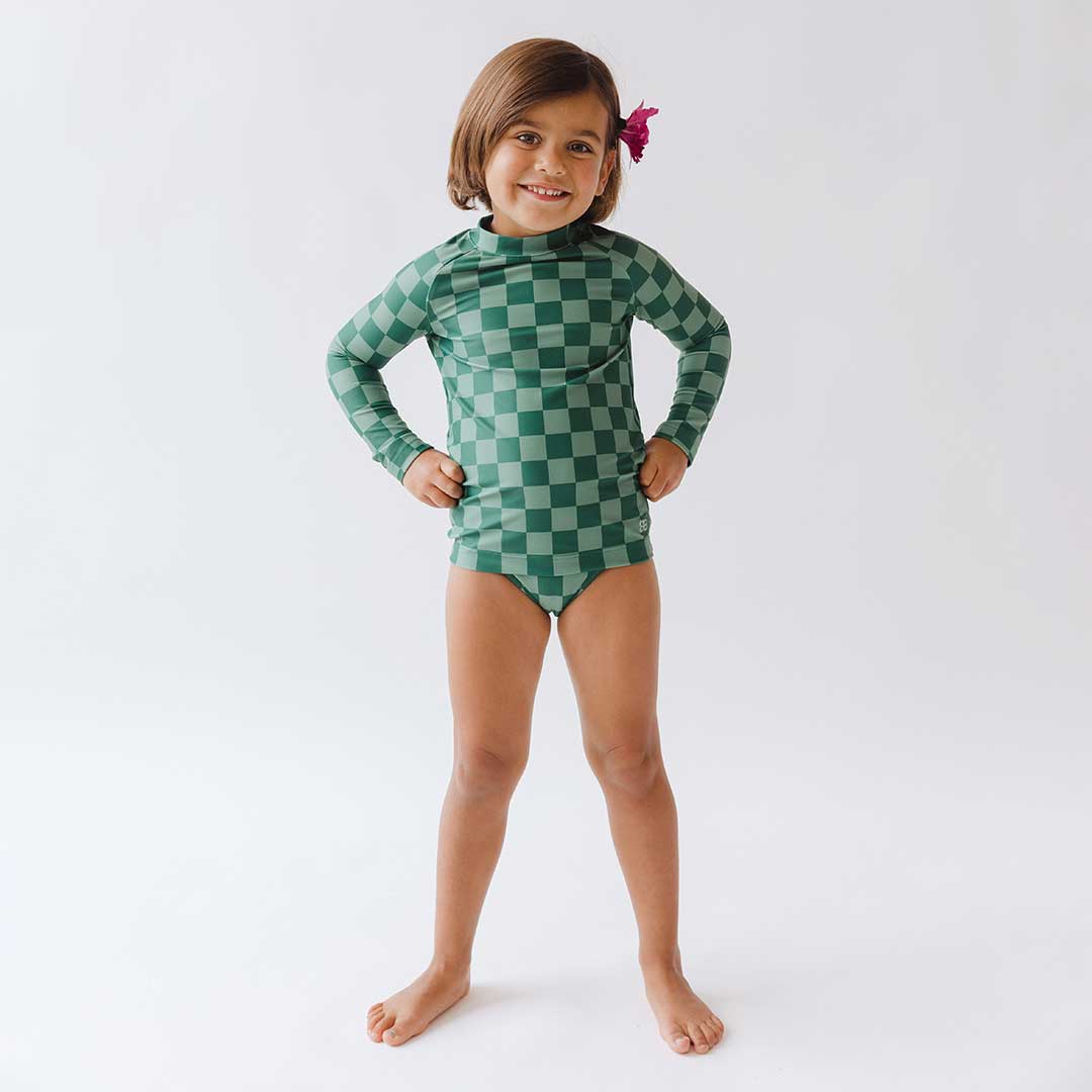 Mini Rash Guard and Shorts Set, Green Check - Image 7