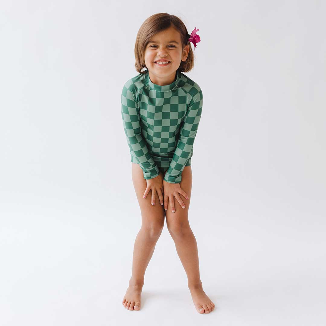 Mini Rash Guard and Shorts Set, Green Check - Image 8