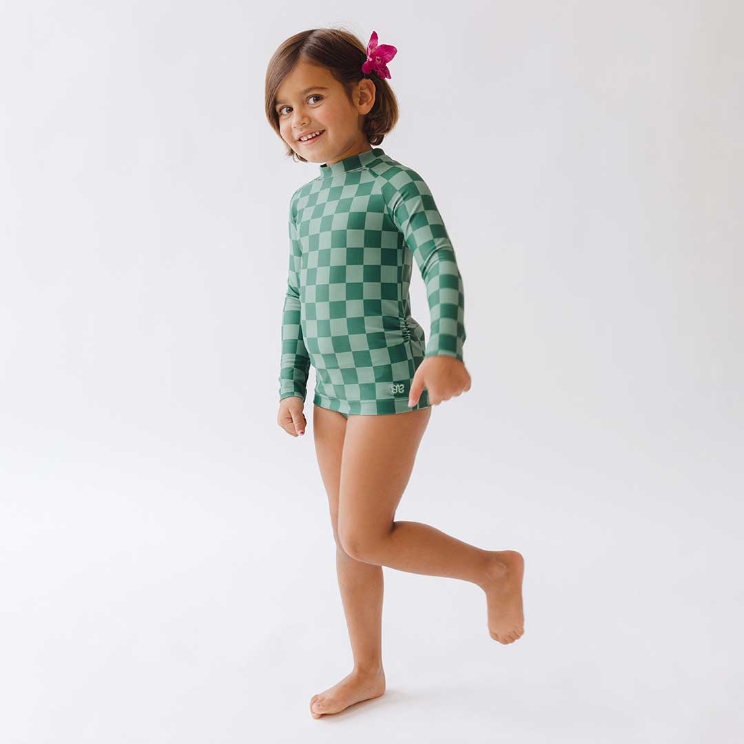 Mini Rash Guard and Shorts Set, Green Check - Image 9