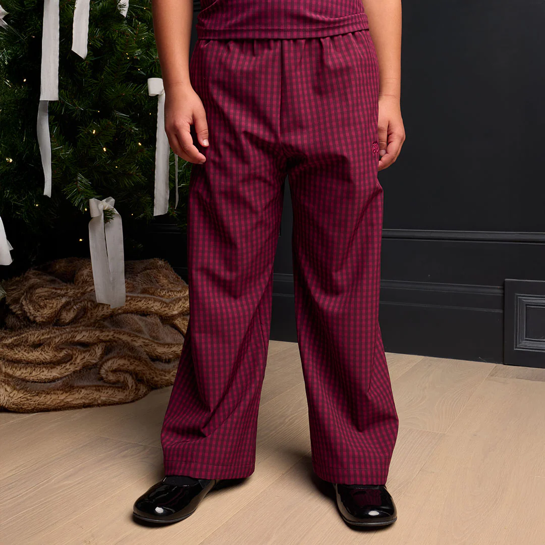Mini Slip On Trouser, Burgundy Gingham - Image 2
