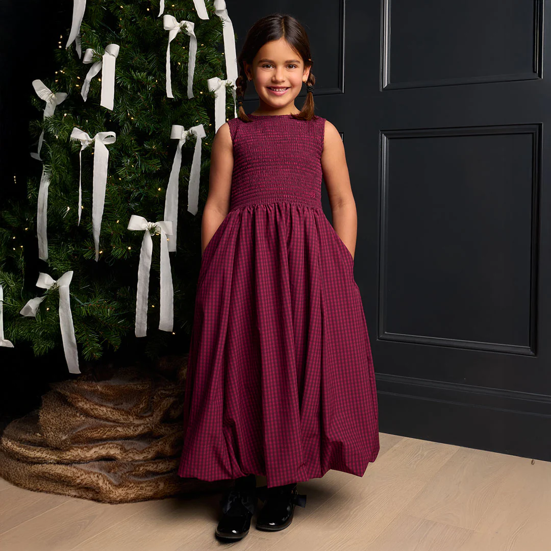 Mini Vienna Bubble Dress, Burgundy Gingham - Image 3