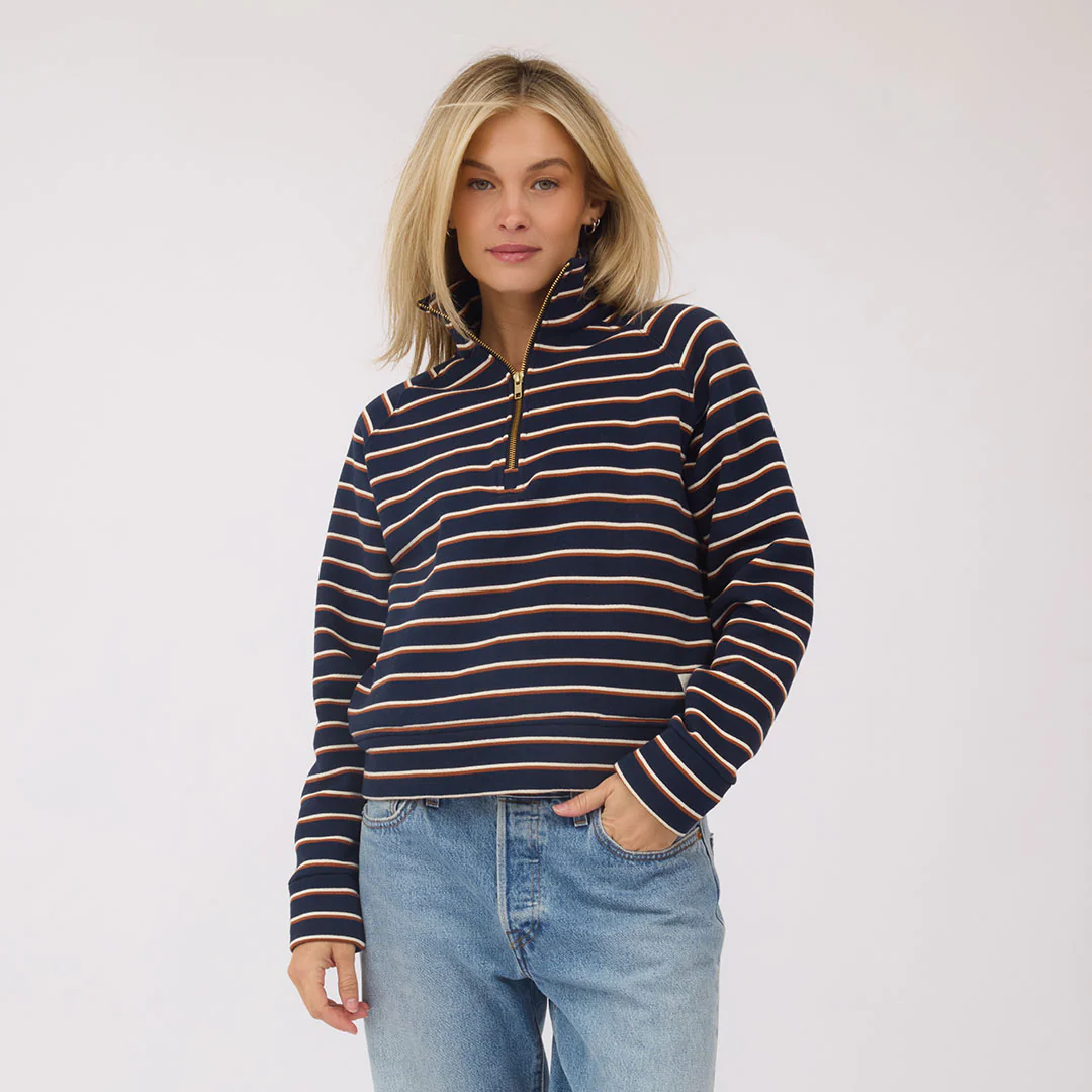 Oxford Fleece Zip-Up, Navy Stripe - Image 3