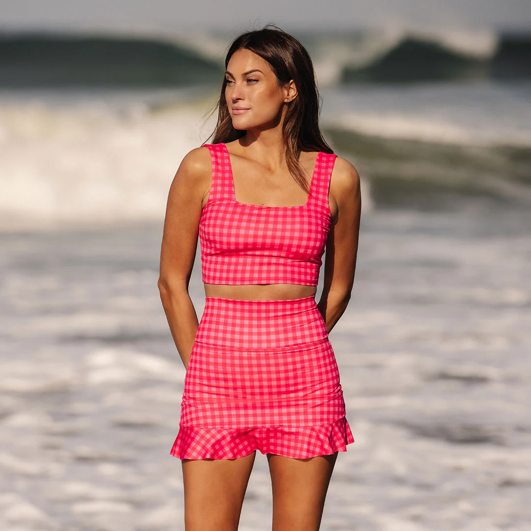 Pink Gingham High-Waisted Swim Skirt - Image 2