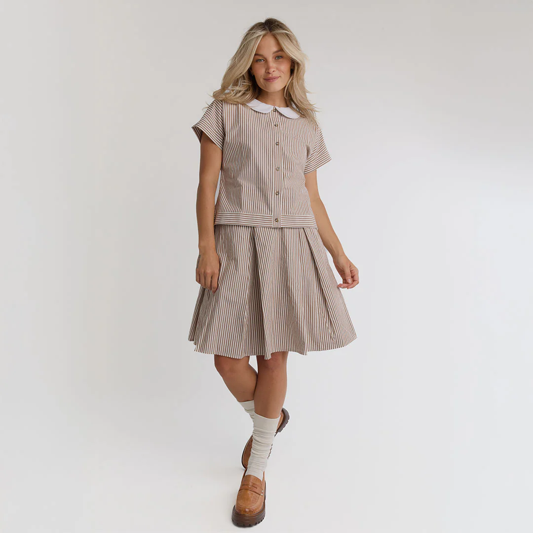 Pleated Skirt, Brown and White Stripe