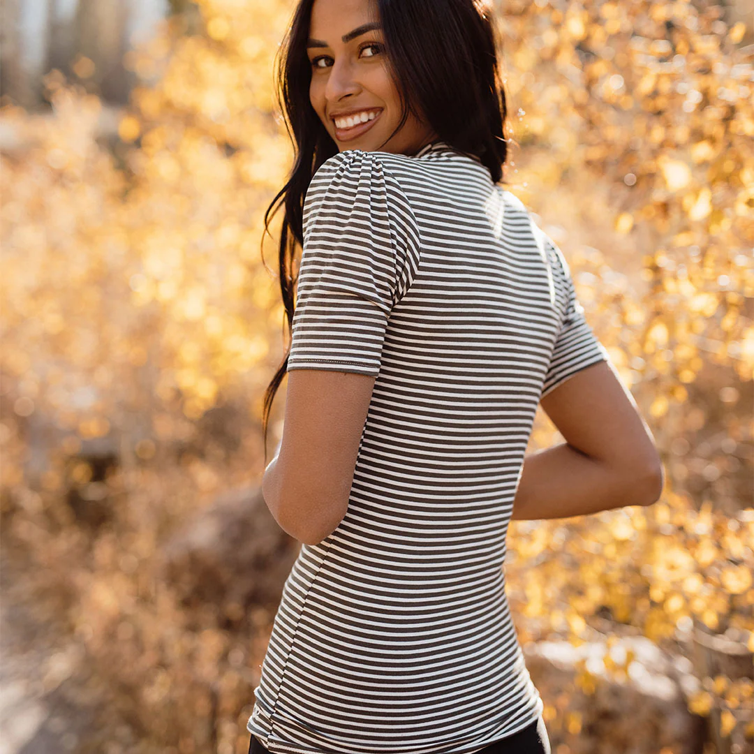 Puff Sleeve Tee, Olive Stripe - Image 2