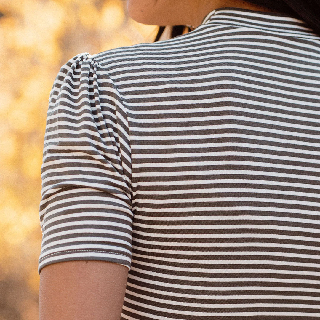 Puff Sleeve Tee, Olive Stripe - Image 4