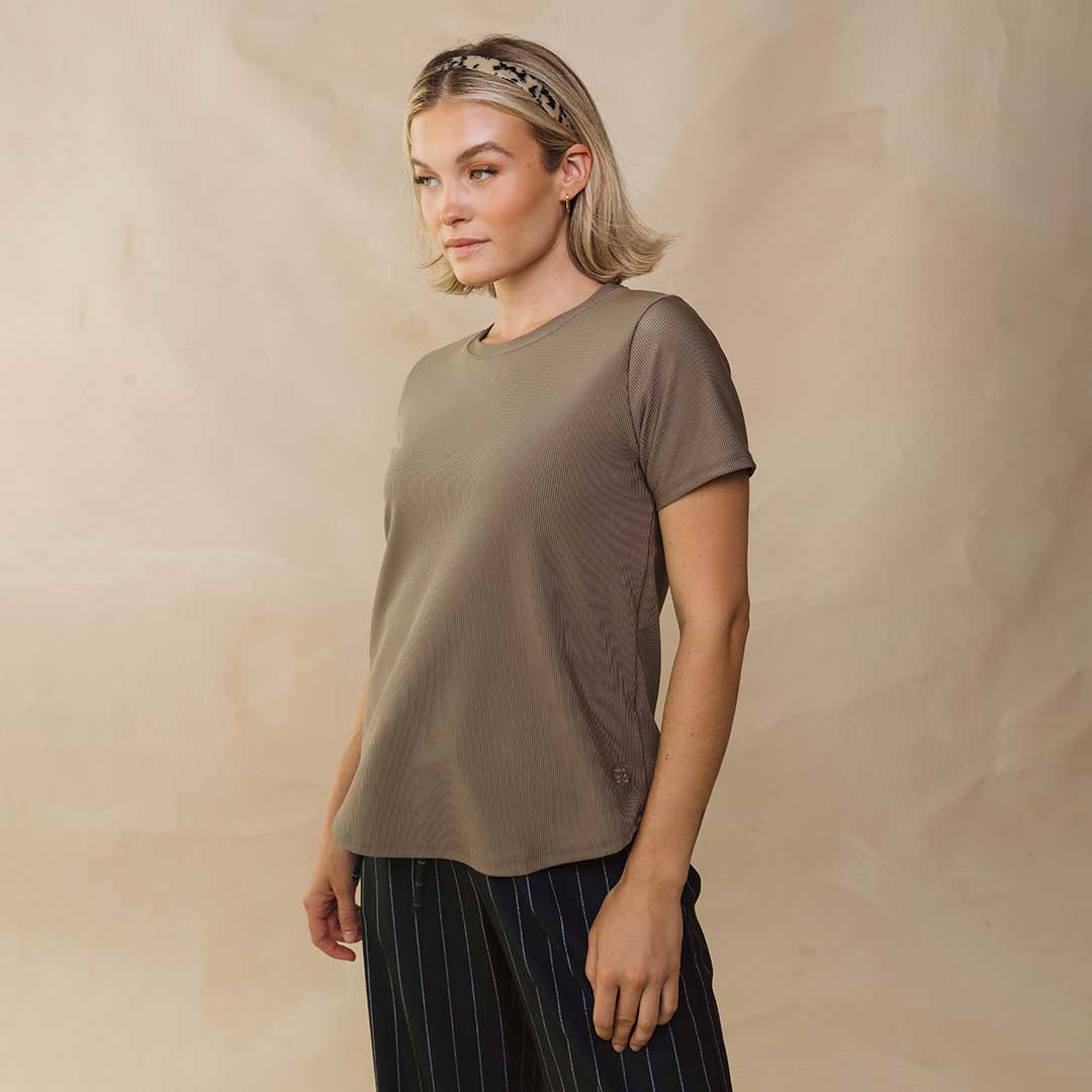 Ribbed Basic Crew Neck Tee, Cappucino - Image 3