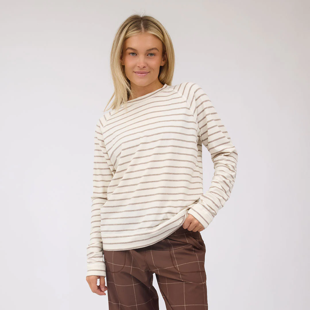 Riley Long Sleeve Stripe Tee, Ivory/Brown