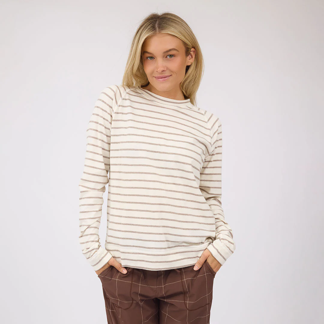 Riley Long Sleeve Stripe Tee, Ivory/Brown - Image 3