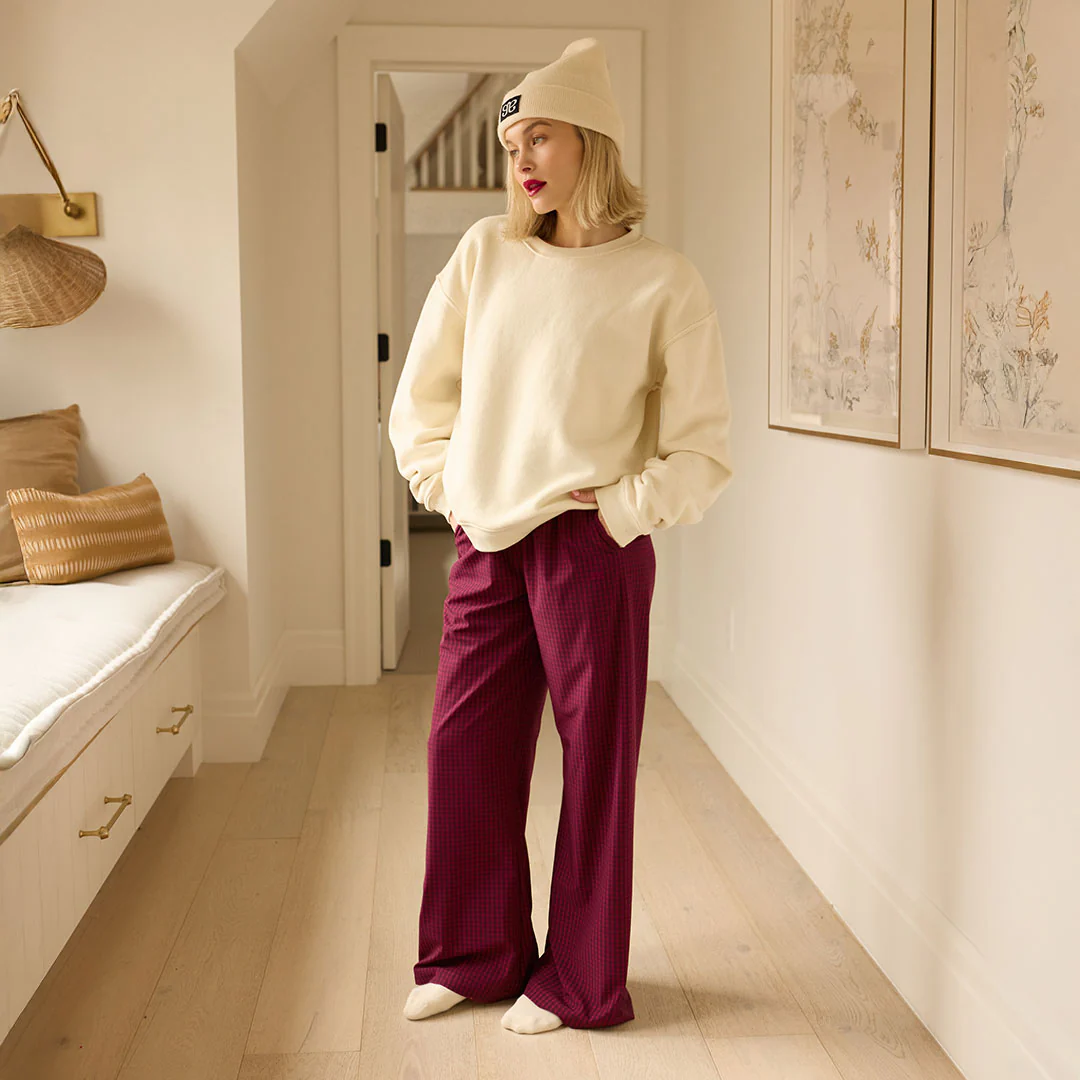 Slip On Trouser, Burgundy Gingham - Image 2