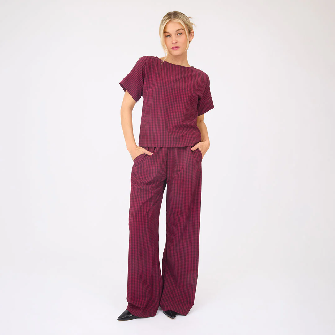 Slip On Trouser, Burgundy Gingham - Image 3