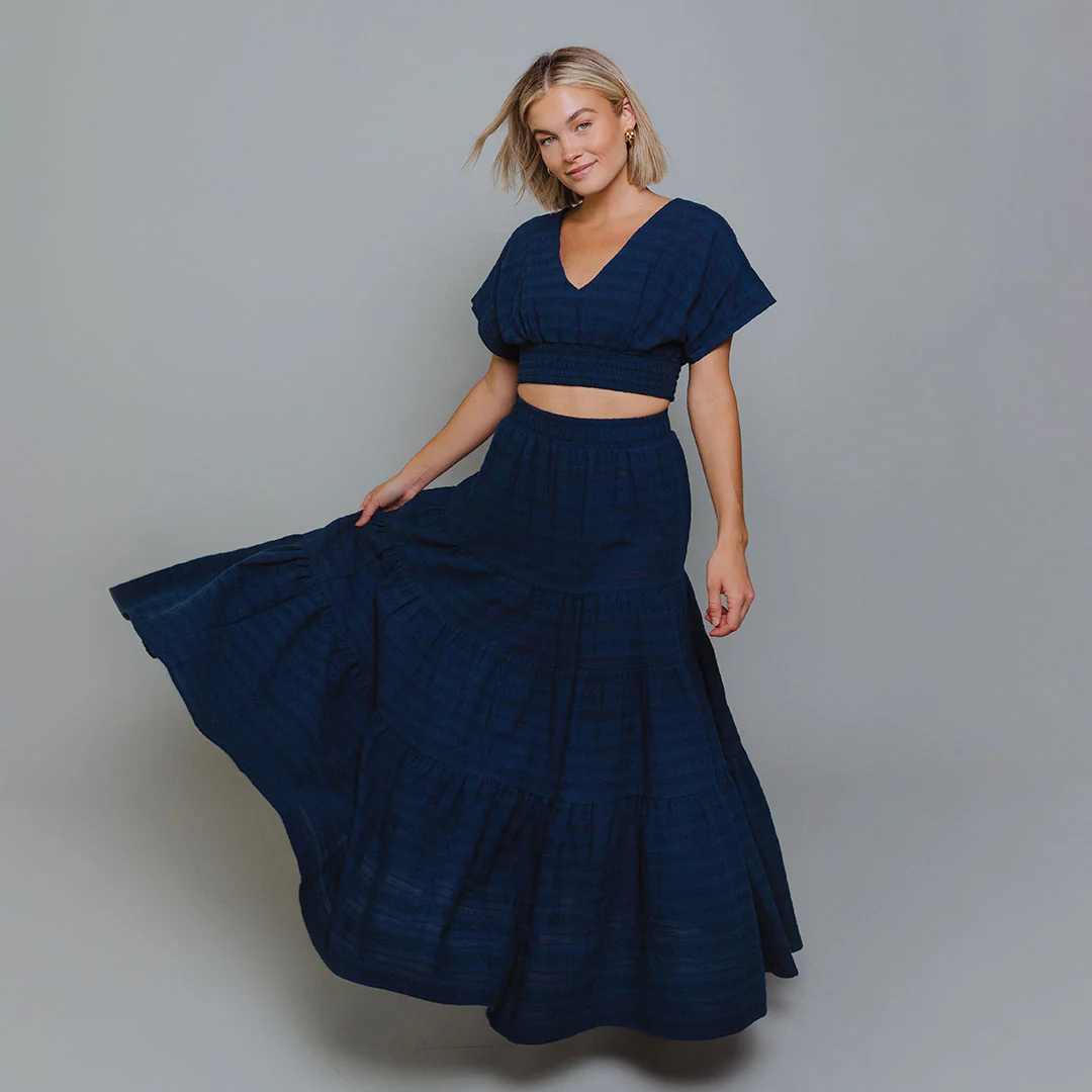 Smocked Crop Blouse, Navy - Image 2