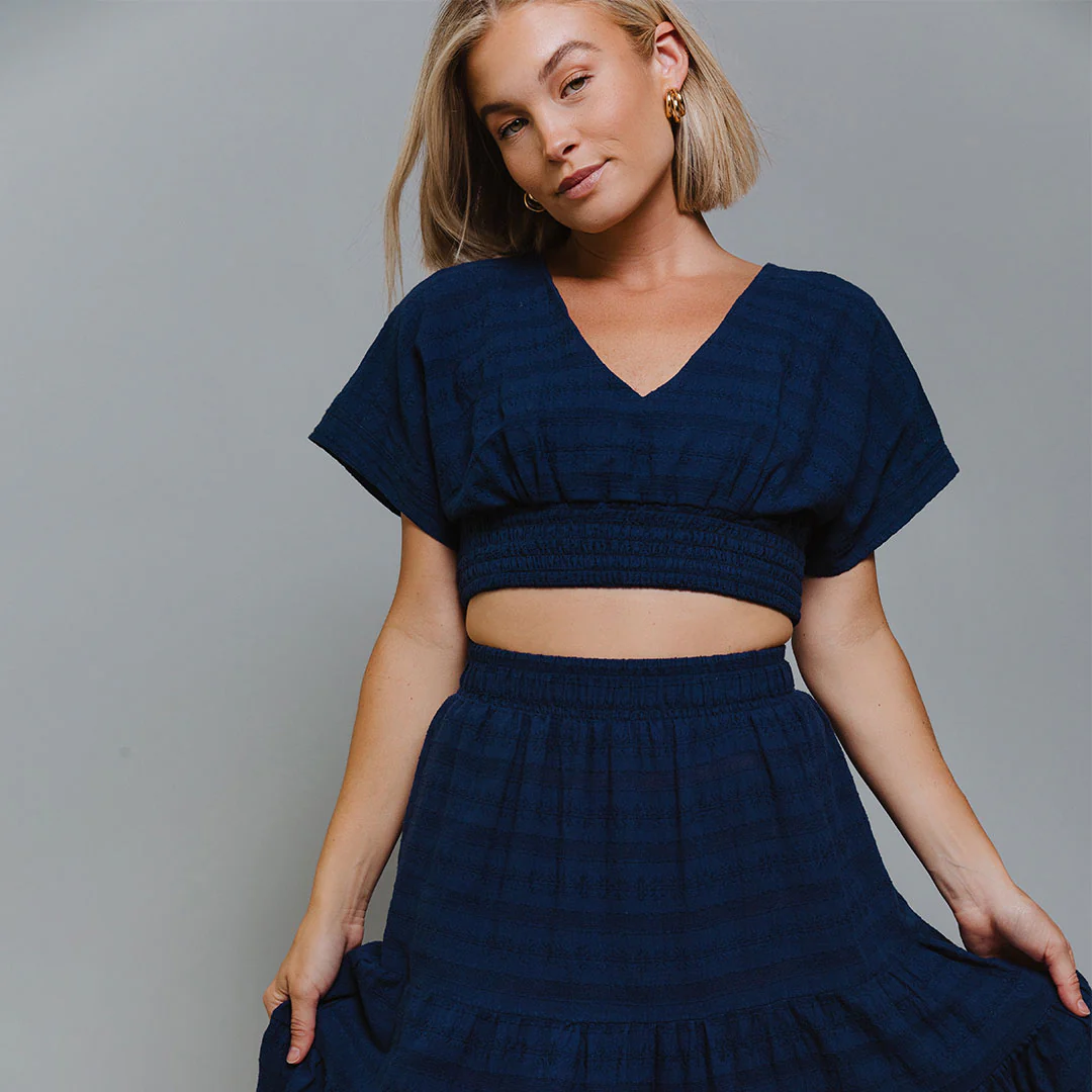 Smocked Crop Blouse, Navy - Image 5