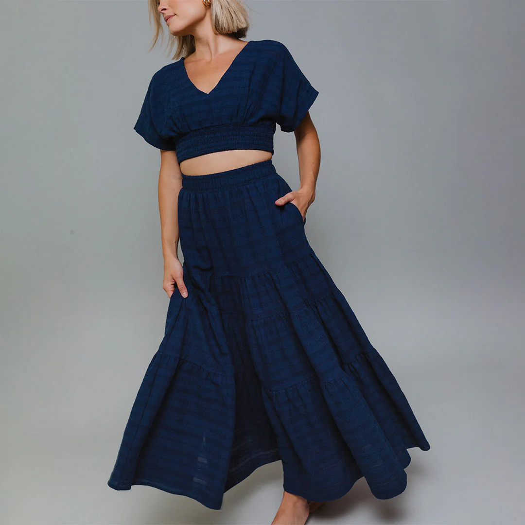 Smocked Crop Blouse, Navy - Image 6