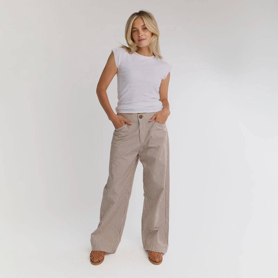 Striped Button Trouser, Brown and White Stripe