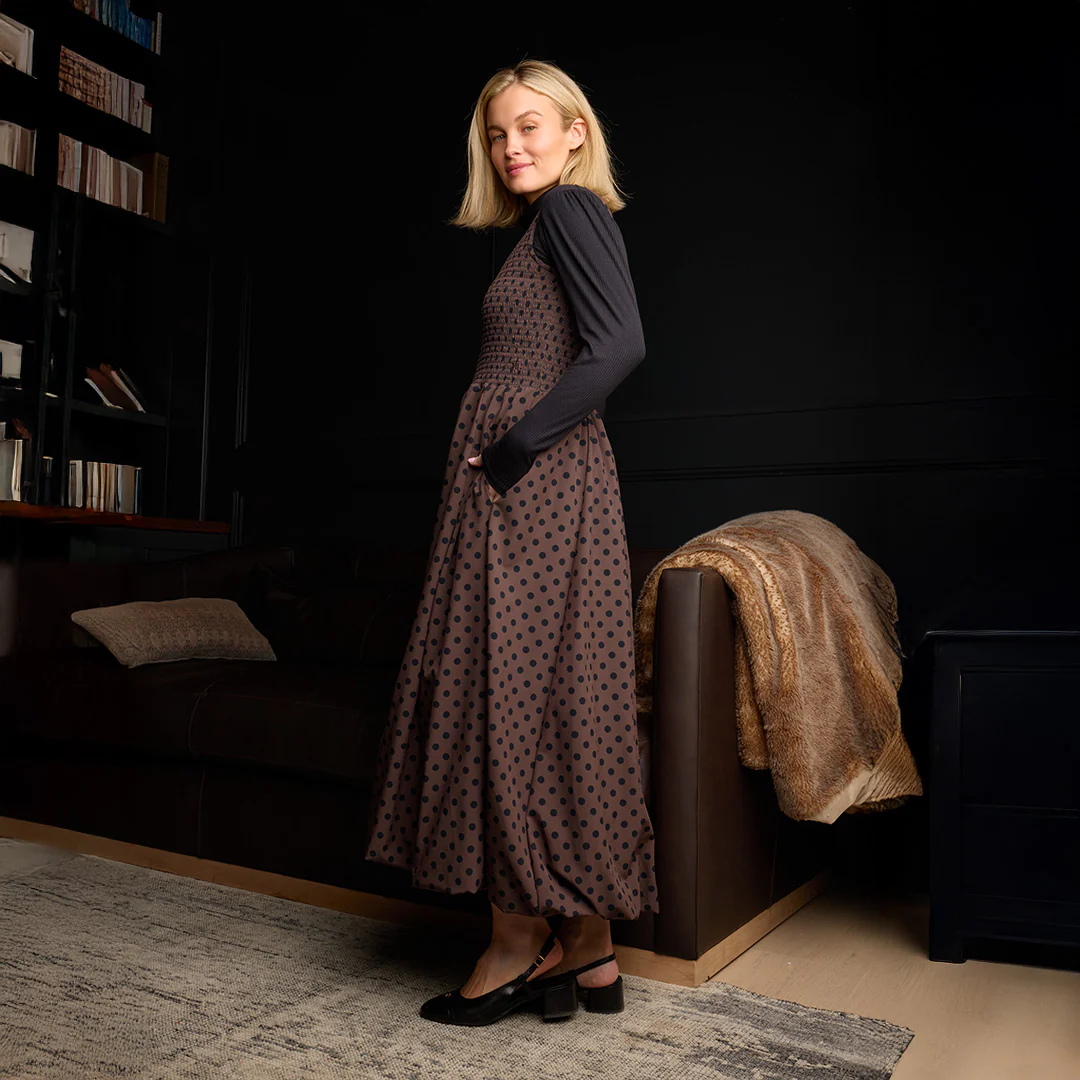 Vienna Bubble Dress, Black/Brown Polka Dot - Image 2