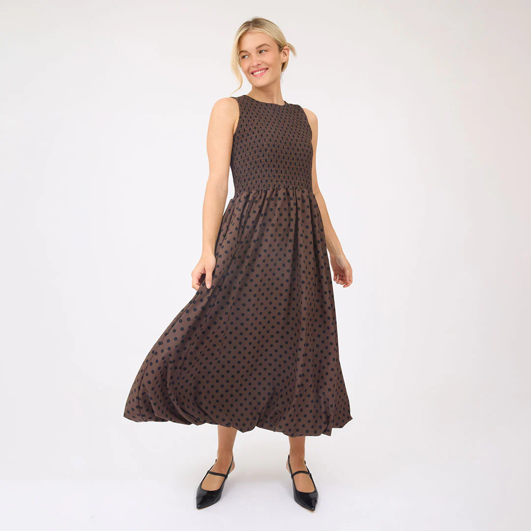 Vienna Bubble Dress, Black/Brown Polka Dot - Image 5
