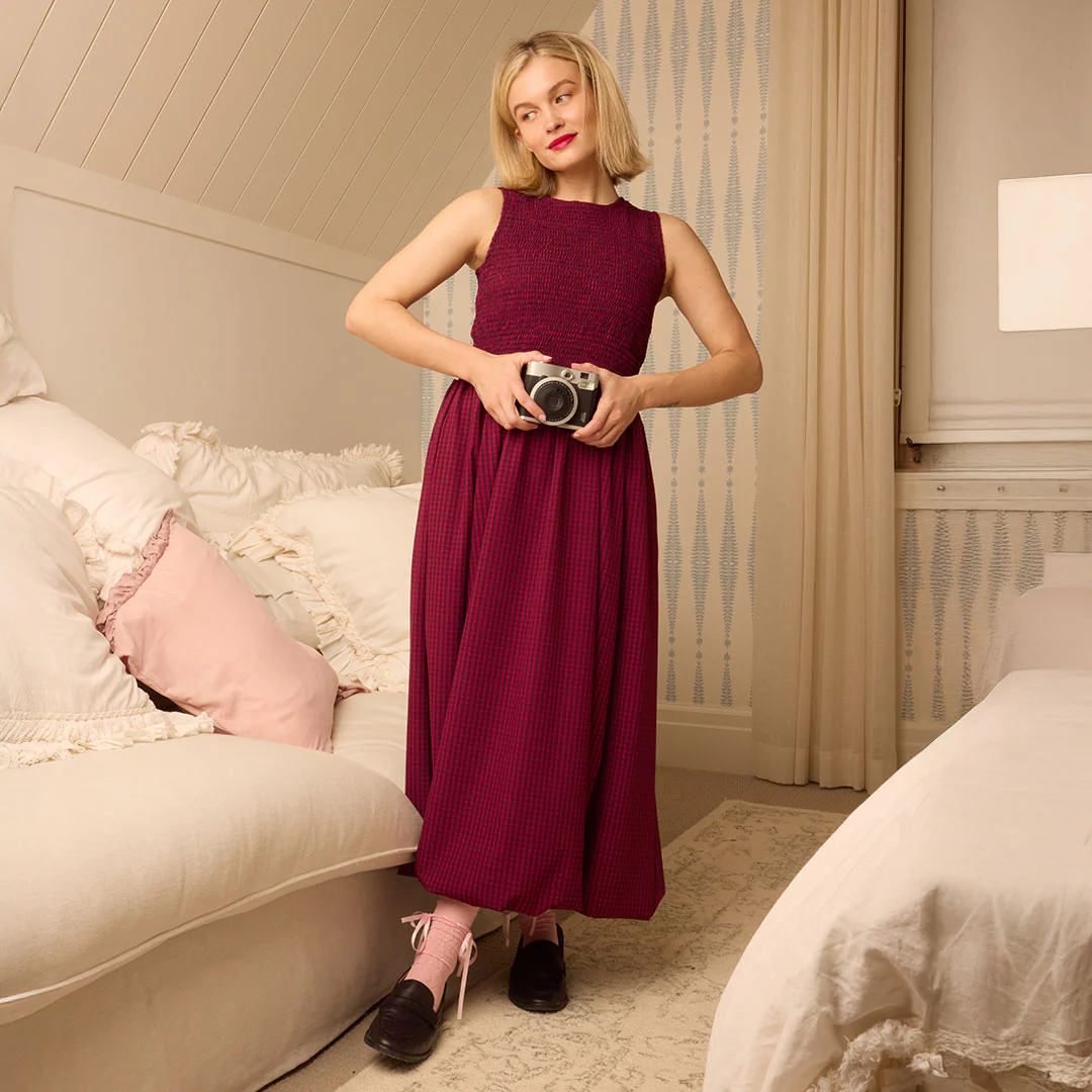 Vienna Bubble Dress, Burgundy Gingham - Image 2